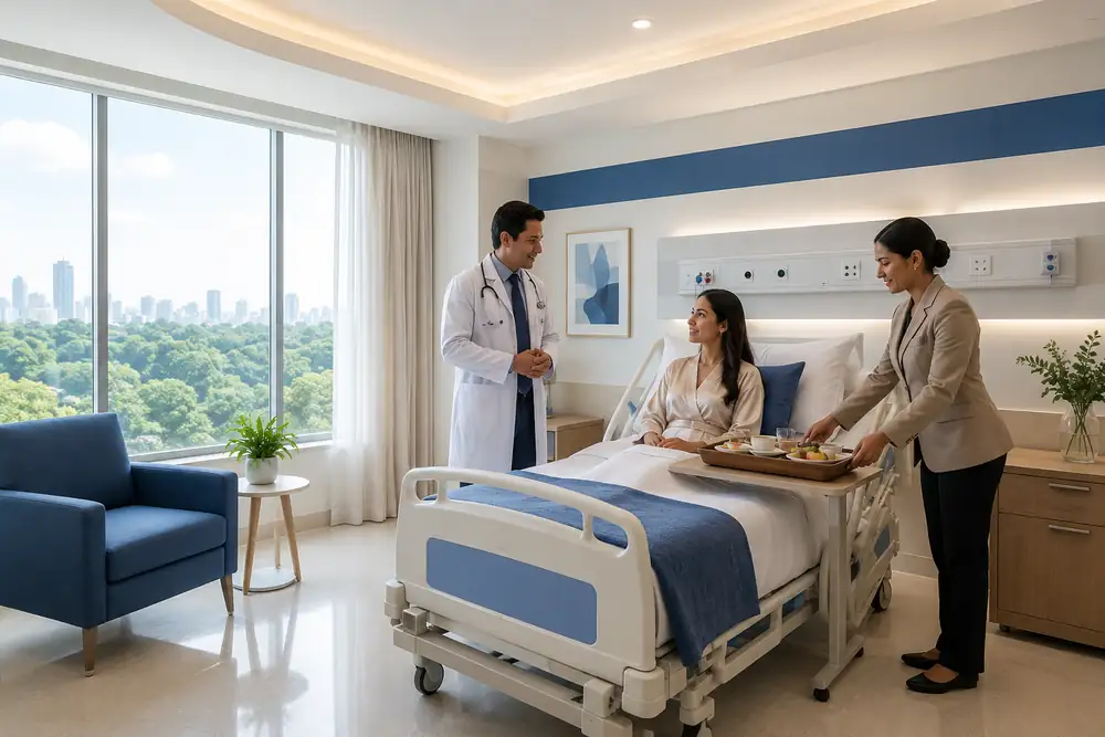 Paciente sentada na cama de um quarto individual de hospital recebe a refeição de uma atendente, enquanto o médico conversa com ela ao lado da janela